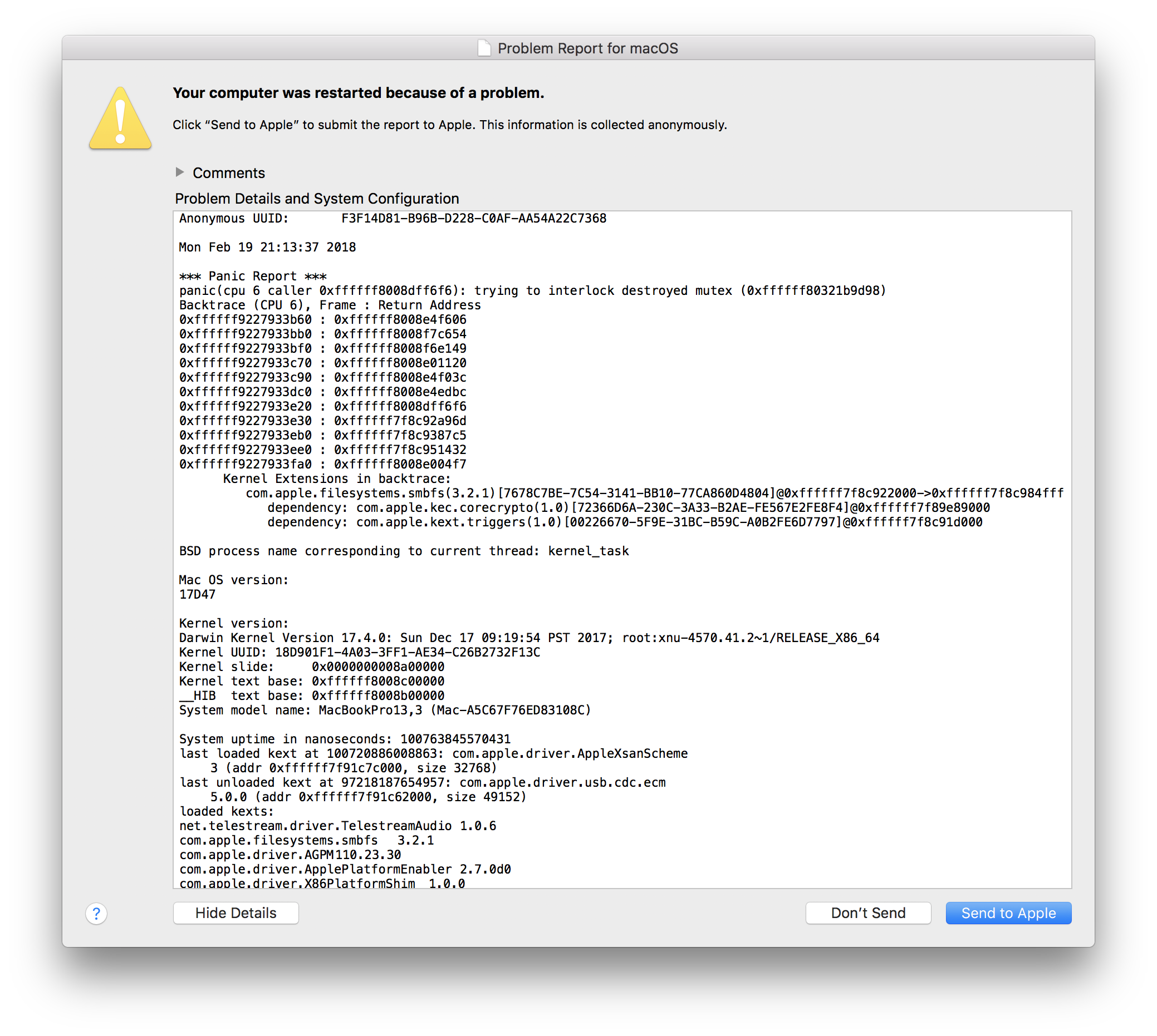 Macbook Pro Kernel Panic - High Sierra 10.13.3 (17D47)
