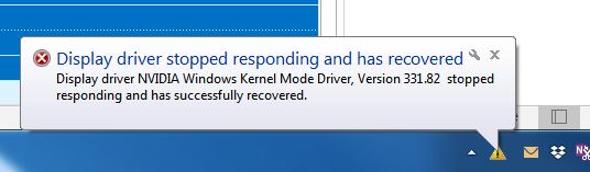 Display driver stopped responding and has recovered. Display driver NVIDIA Windows Kernel Mode Driver, Version 331.82 stopped responding and has successfully recovered.