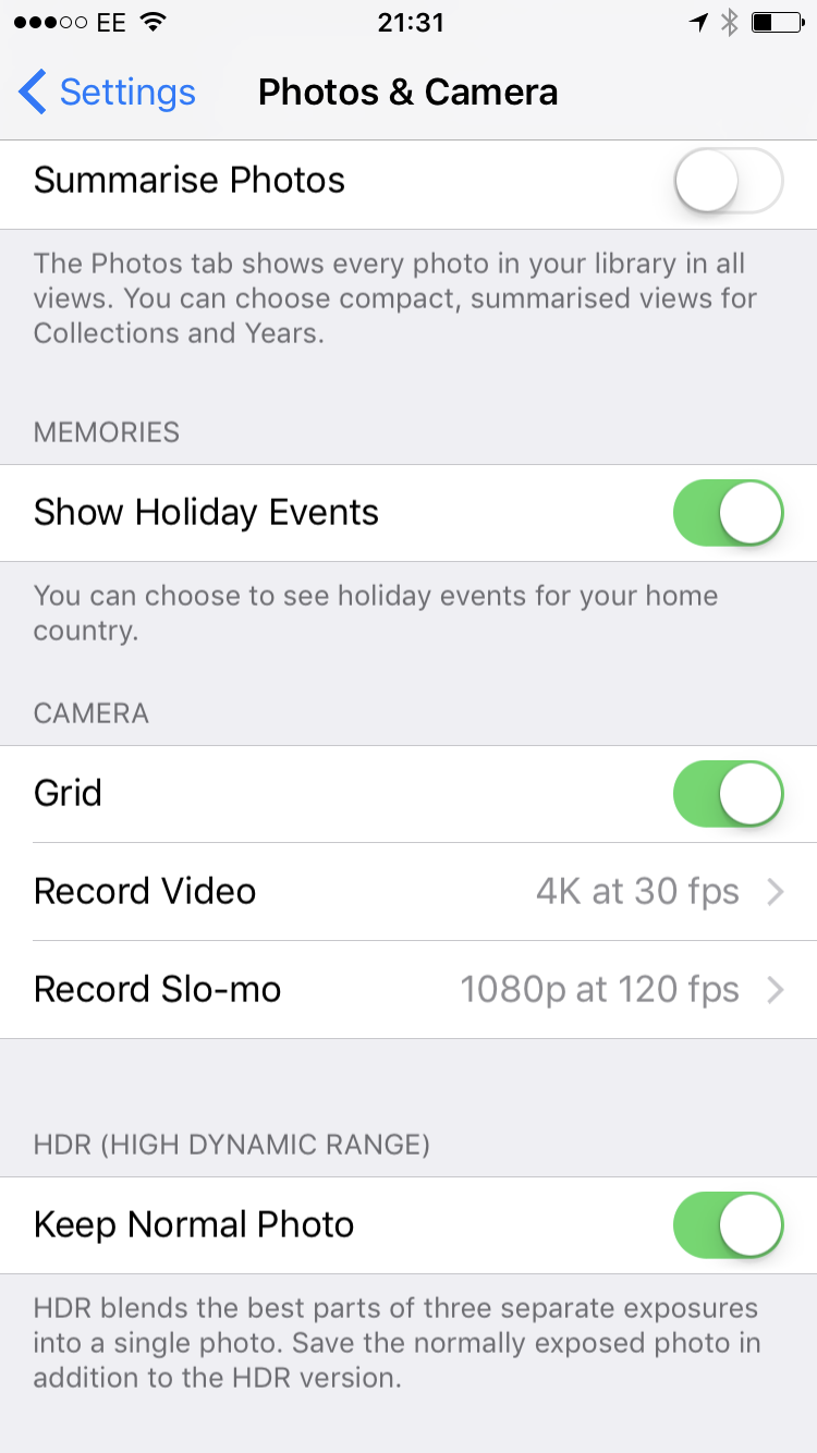 iPhone 7 iOS10 Photos and Camera Settings page